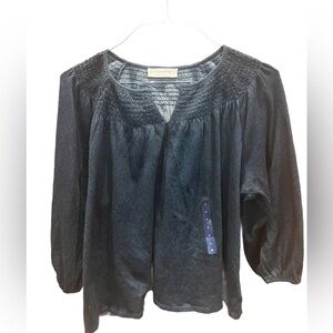 Lucky Brand Flowy Crop Boho Yoke Neck 3/4 Sleeve Black w/Blue Print Top Size M